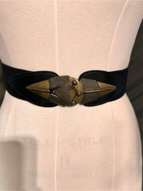 Women's Black Elastic Waist Belt with Antique Gold Geometric Buckle